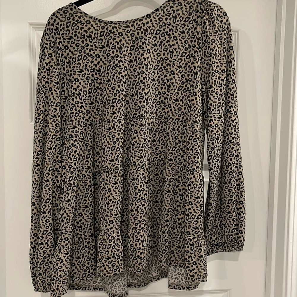 cheetah leopard print peplum ruffle babydoll long lantern sleeve blouse top